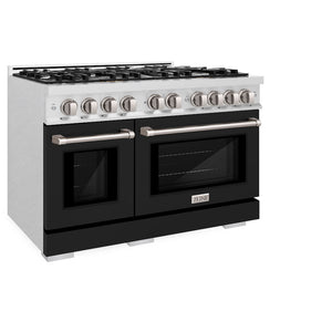 ZLINE 48 in. 6.7 cu. ft. Select Double Oven Dual Fuel Range with 8 Burner Gas Cooktop in Satin Stainless Steel with Black Matte Doors (HDRS-BLM-48) side, oven closed.