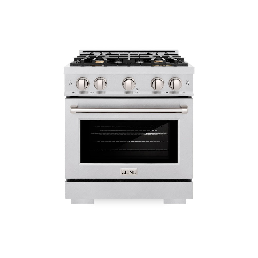 ZLINE 30 in. 4.2 cu. ft. Select Dual Fuel Range with Gas Cooktop and Electric Convection Oven in Satin Stainless Steel with 4 Brass Burners (HDRS-BR-30) front.