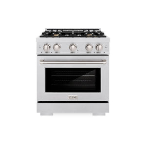 ZLINE 30 in. 4.2 cu. ft. Select Dual Fuel Range with Gas Cooktop and Electric Convection Oven in Satin Stainless Steel with 4 Brass Burners (HDRS-BR-30) front.