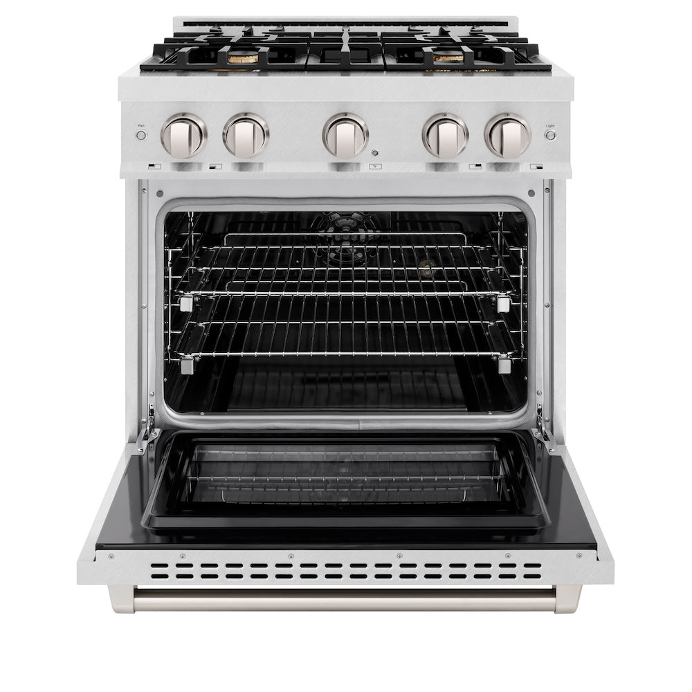 ZLINE 30 in. 4.2 cu. ft. Select Dual Fuel Range with Gas Cooktop and Electric Convection Oven in Satin Stainless Steel with 4 Brass Burners (HDRS-BR-30) front, oven open.