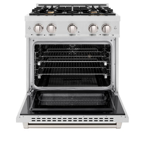 ZLINE 30 in. 4.2 cu. ft. Select Dual Fuel Range with Gas Cooktop and Electric Convection Oven in Satin Stainless Steel with 4 Brass Burners (HDRS-BR-30) front, oven open.