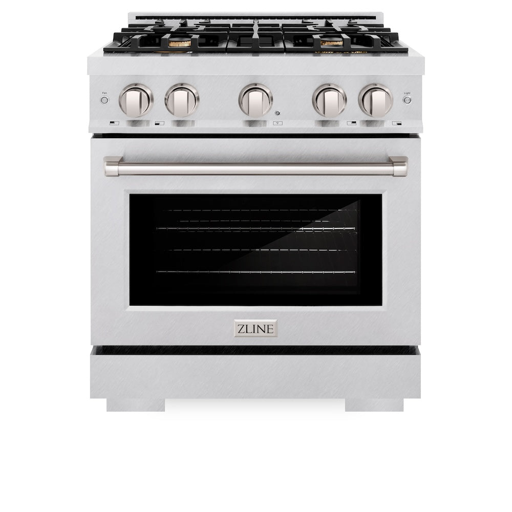 ZLINE 30 in. 4.2 cu. ft. Select Dual Fuel Range with Gas Cooktop and Electric Convection Oven in Satin Stainless Steel with 4 Brass Burners (HDRS-BR-30) front, oven closed.