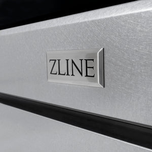 ZLINE 36 in. 5.2 cu. ft. Select Dual Fuel Range with Gas Cooktop and Electric Convection Oven in Satin Stainless Steel with 6 Brass Burners (HDRS-BR-36) ZLINE badge logo.