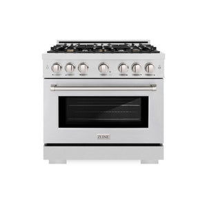 ZLINE 36 in. 5.2 cu. ft. Select Dual Fuel Range with Gas Cooktop and Electric Convection Oven in Satin Stainless Steel with 6 Brass Burners (HDRS-BR-36) front.