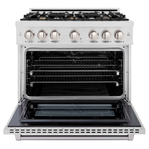 ZLINE 36 in. 5.2 cu. ft. Select Dual Fuel Range with Gas Cooktop and Electric Convection Oven in Satin Stainless Steel with 6 Brass Burners (HDRS-BR-36) front, oven open.