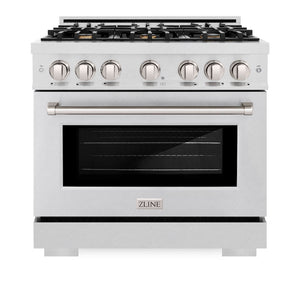 ZLINE 36 in. 5.2 cu. ft. Select Dual Fuel Range with Gas Cooktop and Electric Convection Oven in Satin Stainless Steel with 6 Brass Burners (HDRS-BR-36) front, oven closed.