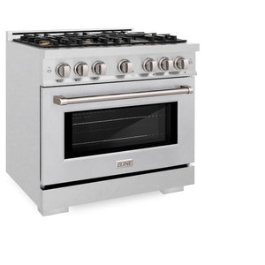 ZLINE 36 in. 5.2 cu. ft. Select Dual Fuel Range with Gas Cooktop and Electric Convection Oven in Satin Stainless Steel with 6 Brass Burners (HDRS-BR-36) side, oven closed.