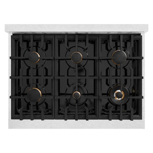 ZLINE 36 in. 5.2 cu. ft. Select Dual Fuel Range with Gas Cooktop and Electric Convection Oven in Satin Stainless Steel with 6 Brass Burners (HDRS-BR-36) top-down, above cooktop.