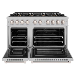 ZLINE 48 in. 6.7 cu. ft. Select Double Oven Dual Fuel Range in Satin Stainless Steel with 8 Brass Burners (HDRS-BR-48) front, oven open.