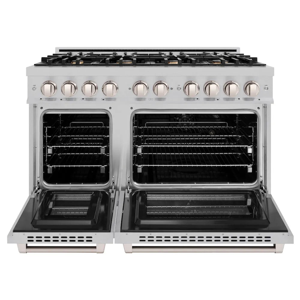 ZLINE 48 in. 6.7 cu. ft. Select Double Oven Dual Fuel Range in Satin Stainless Steel with 8 Brass Burners (HDRS-BR-48) front, oven open.