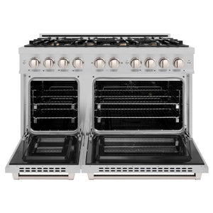 ZLINE 48 in. 6.7 cu. ft. Select Double Oven Dual Fuel Range in Satin Stainless Steel with 8 Brass Burners (HDRS-BR-48) front, oven open.