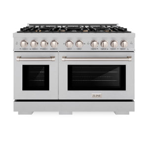 ZLINE 48 in. 6.7 cu. ft. Select Double Oven Dual Fuel Range in Satin Stainless Steel with 8 Brass Burners (HDRS-BR-48) front, oven closed.