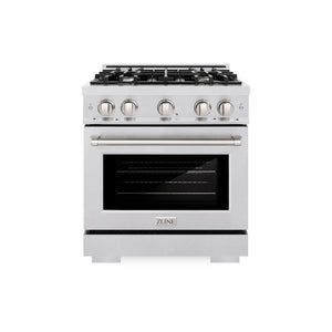 ZLINE 30 in. 4.2 cu. ft. Select Dual Fuel Range with 4 Burner Gas Cooktop and Electric Convection Oven in Satin Stainless Steel (HDRS-30) front.