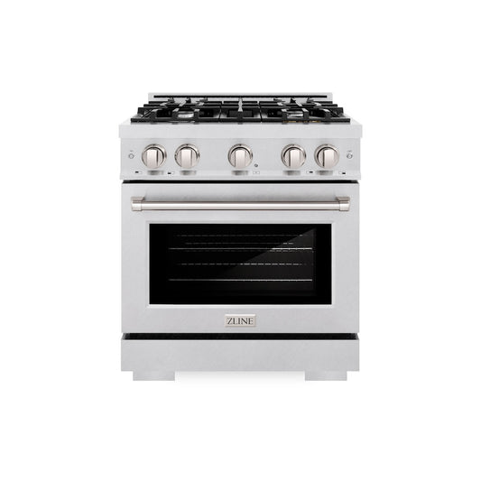 ZLINE 30 in. 4.2 cu. ft. Select Dual Fuel Range with 4 Burner Gas Cooktop and Electric Convection Oven in Satin Stainless Steel (HDRS-30) front.
