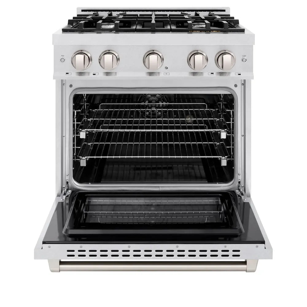 ZLINE 30 in. 4.2 cu. ft. Select Dual Fuel Range with 4 Burner Gas Cooktop and Electric Convection Oven in Satin Stainless Steel (HDRS-30) front, oven open.