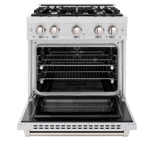ZLINE 30 in. 4.2 cu. ft. Select Dual Fuel Range with 4 Burner Gas Cooktop and Electric Convection Oven in Satin Stainless Steel (HDRS-30) front, oven open.