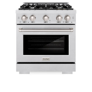 ZLINE 30 in. 4.2 cu. ft. Select Dual Fuel Range with 4 Burner Gas Cooktop and Electric Convection Oven in Satin Stainless Steel (HDRS-30) front, oven closed.