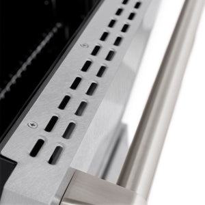 ZLINE 36 in. 5.2 cu. ft. Select Dual Fuel Range with 6 Burner Gas Cooktop and Electric Convection Oven in Satin Stainless Steel (HDRS-36) oven door detail.