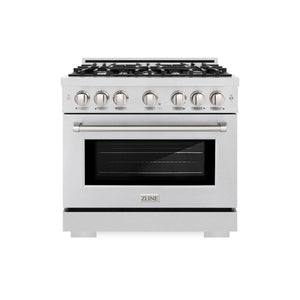 ZLINE 36 in. 5.2 cu. ft. Select Dual Fuel Range with 6 Burner Gas Cooktop and Electric Convection Oven in Satin Stainless Steel (HDRS-36) front.