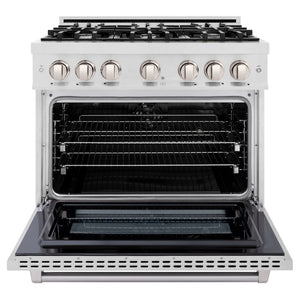 ZLINE 36 in. 5.2 cu. ft. Select Dual Fuel Range with 6 Burner Gas Cooktop and Electric Convection Oven in Satin Stainless Steel (HDRS-36) front, oven open.