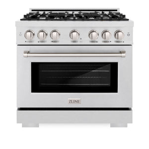 ZLINE 36 in. 5.2 cu. ft. Select Dual Fuel Range with 6 Burner Gas Cooktop and Electric Convection Oven in Satin Stainless Steel (HDRS-36) front, oven closed.