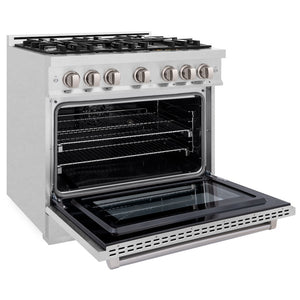 ZLINE 36 in. 5.2 cu. ft. Select Dual Fuel Range with 6 Burner Gas Cooktop and Electric Convection Oven in Satin Stainless Steel (HDRS-36) side, oven open.