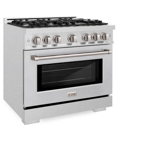 ZLINE 36 in. 5.2 cu. ft. Select Dual Fuel Range with 6 Burner Gas Cooktop and Electric Convection Oven in Satin Stainless Steel (HDRS-36) side, oven closed.
