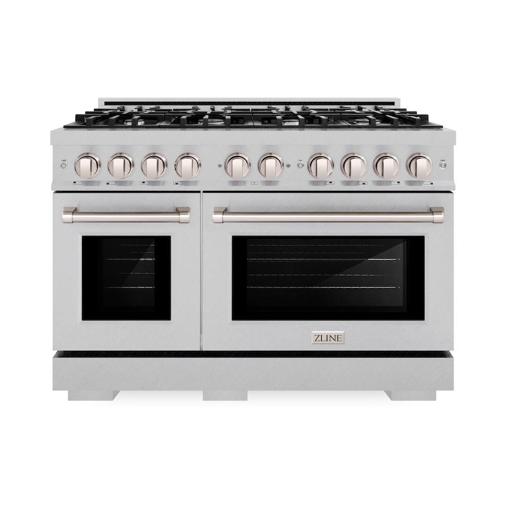 ZLINE 48 in. 6.7 cu. ft. Select Double Oven Dual Fuel Range with 8 Burner Gas Cooktop in Satin Stainless Steel (HDRS-48) front.