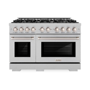 ZLINE 48 in. 6.7 cu. ft. Select Double Oven Dual Fuel Range with 8 Burner Gas Cooktop in Satin Stainless Steel (HDRS-48) front.