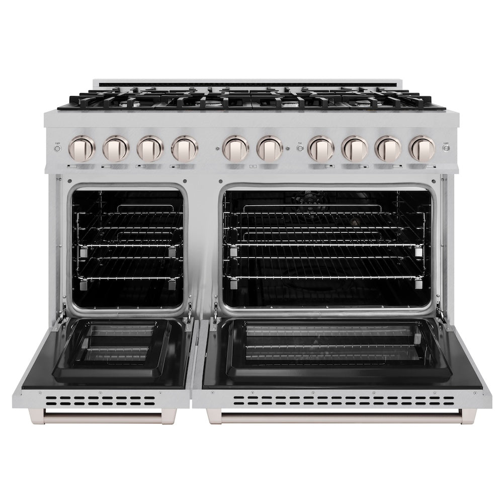 ZLINE 48 in. 6.7 cu. ft. Select Double Oven Dual Fuel Range with 8 Burner Gas Cooktop in Satin Stainless Steel (HDRS-48) front, oven open.