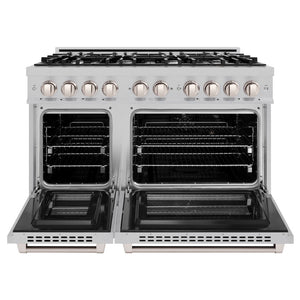 ZLINE 48 in. 6.7 cu. ft. Select Double Oven Dual Fuel Range with 8 Burner Gas Cooktop in Satin Stainless Steel (HDRS-48) front, oven open.