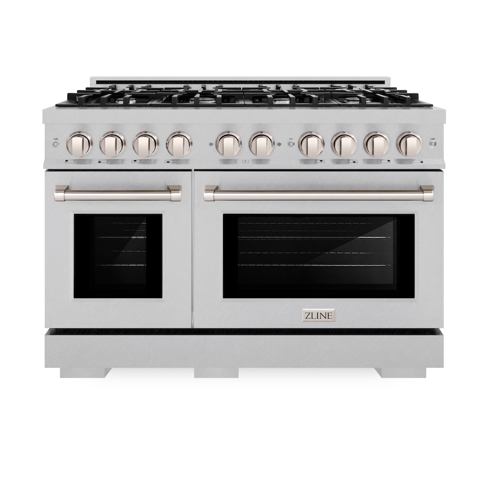 ZLINE 48 in. 6.7 cu. ft. Select Double Oven Dual Fuel Range with 8 Burner Gas Cooktop in Satin Stainless Steel (HDRS-48) front, oven closed.