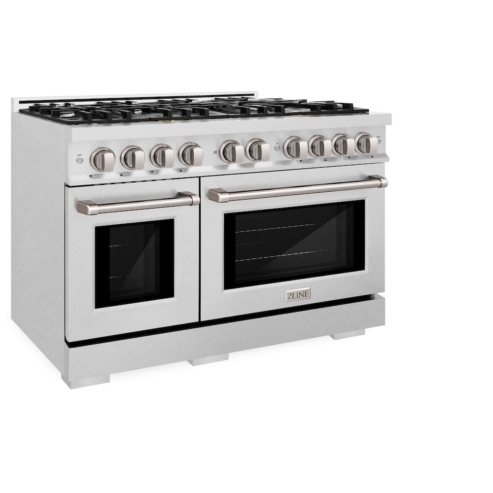 ZLINE 48 in. 6.7 cu. ft. Select Double Oven Dual Fuel Range with 8 Burner Gas Cooktop in Satin Stainless Steel (HDRS-48) side, oven closed.