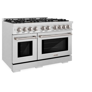 ZLINE 48 in. 6.7 cu. ft. Select Double Oven Dual Fuel Range with 8 Burner Gas Cooktop in Satin Stainless Steel (HDRS-48) side, oven closed.
