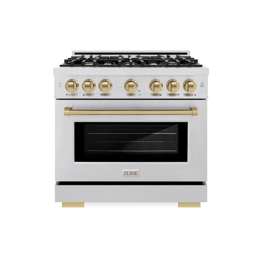 ZLINE Autograph Edition 36 in. 5.2 cu. ft. Select Dual Fuel Range with 6 Burner Gas Cooktop and Electric Convection Oven in Satin Stainless Steel with Champagne Bronze Accents (HDRSZ-36-CB) front.