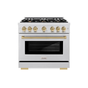 ZLINE Autograph Edition 36 in. 5.2 cu. ft. Select Dual Fuel Range with 6 Burner Gas Cooktop and Electric Convection Oven in Satin Stainless Steel with Champagne Bronze Accents (HDRSZ-36-CB) front.