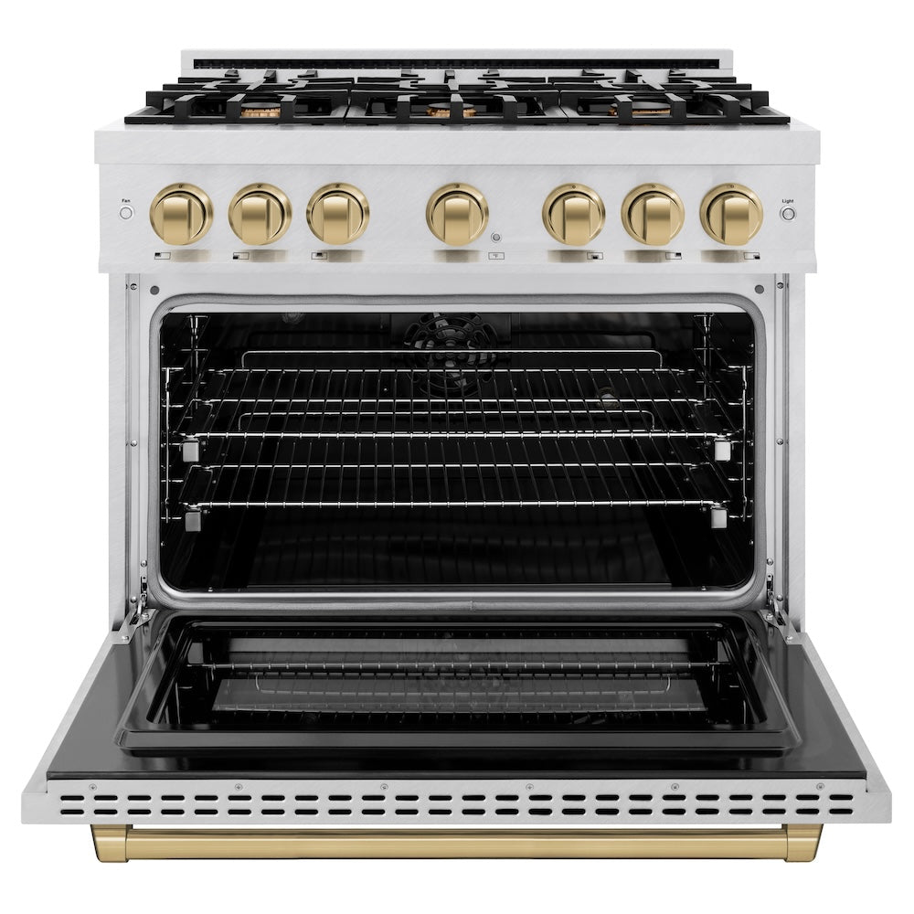 ZLINE Autograph Edition 36 in. 5.2 cu. ft. Select Dual Fuel Range with 6 Burner Gas Cooktop and Electric Convection Oven in Satin Stainless Steel with Champagne Bronze Accents (HDRSZ-36-CB) front, oven open.