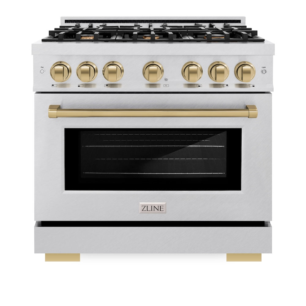 ZLINE Autograph Edition 36 in. 5.2 cu. ft. Select Dual Fuel Range with 6 Burner Gas Cooktop and Electric Convection Oven in Satin Stainless Steel with Champagne Bronze Accents (HDRSZ-36-CB) front, oven closed.