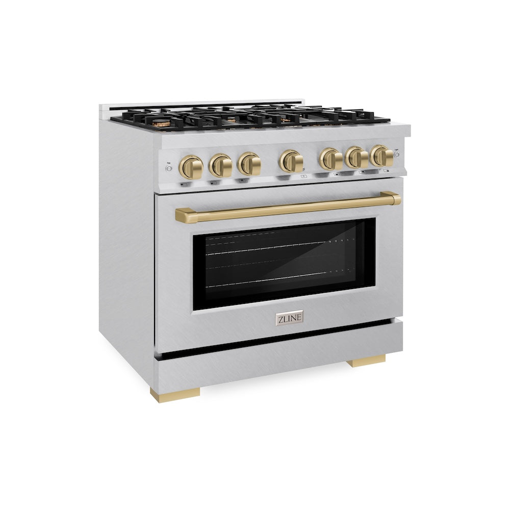 ZLINE Autograph Edition 36 in. 5.2 cu. ft. Select Dual Fuel Range with 6 Burner Gas Cooktop and Electric Convection Oven in Satin Stainless Steel with Champagne Bronze Accents (HDRSZ-36-CB) side.