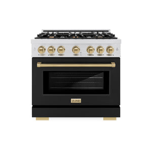 ZLINE Autograph Edition 36 in. 5.2 cu. ft. Select Dual Fuel Range with 6 Burner Gas Cooktop and Electric Convection Oven in Satin Stainless Steel with Black Matte Door and Champagne Bronze Accents (HDRSZ-BLM-36-CB) front.