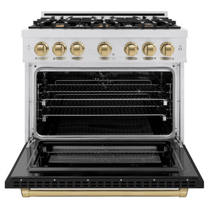 ZLINE Autograph Edition 36 in. 5.2 cu. ft. Select Dual Fuel Range with 6 Burner Gas Cooktop and Electric Convection Oven in Satin Stainless Steel with Black Matte Door and Champagne Bronze Accents (HDRSZ-BLM-36-CB) front, oven open.