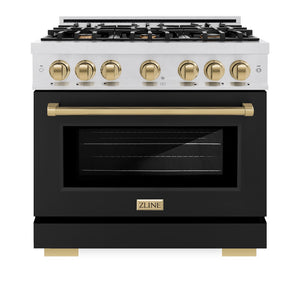 ZLINE Autograph Edition 36 in. 5.2 cu. ft. Select Dual Fuel Range with 6 Burner Gas Cooktop and Electric Convection Oven in Satin Stainless Steel with Black Matte Door and Champagne Bronze Accents (HDRSZ-BLM-36-CB) front, oven closed.