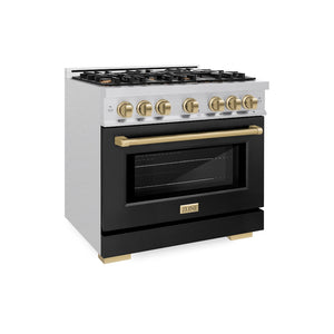 ZLINE Autograph Edition 36 in. 5.2 cu. ft. Select Dual Fuel Range with 6 Burner Gas Cooktop and Electric Convection Oven in Satin Stainless Steel with Black Matte Door and Champagne Bronze Accents (HDRSZ-BLM-36-CB) side.