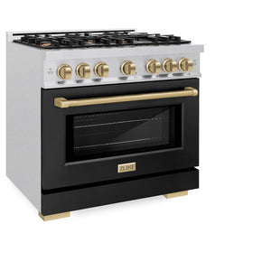 ZLINE Autograph Edition 36 in. 5.2 cu. ft. Select Dual Fuel Range with 6 Burner Gas Cooktop and Electric Convection Oven in Satin Stainless Steel with Black Matte Door and Champagne Bronze Accents (HDRSZ-BLM-36-CB) side, oven closed.