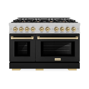 ZLINE Autograph Edition 48 in. 6.7 cu. ft. Select Double Oven Dual Fuel Range with 8 Burner Gas Cooktop in Satin Stainless Steel with Black Matte Doors and Champagne Bronze Accents (HDRSZ-BLM-48-CB) front.