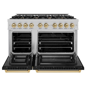 ZLINE Autograph Edition 48 in. 6.7 cu. ft. Select Double Oven Dual Fuel Range with 8 Burner Gas Cooktop in Satin Stainless Steel with Black Matte Doors and Champagne Bronze Accents (HDRSZ-BLM-48-CB) front, oven open.