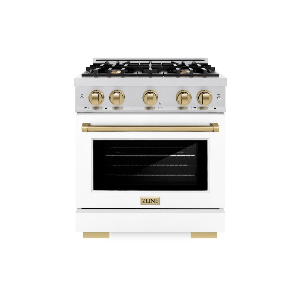 ZLINE Autograph Edition 30 in. 4.2 cu. ft. Select Dual Fuel Range with 4 Burner Gas Cooktop and Electric Convection Oven in Satin Stainless Steel with White Matte Door and Champagne Bronze Accents (HDRSZ-WM-30-CB) front.