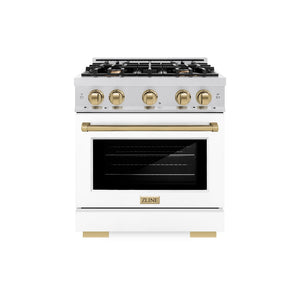 ZLINE Autograph Edition 30 in. 4.2 cu. ft. Select Dual Fuel Range with 4 Burner Gas Cooktop and Electric Convection Oven in Satin Stainless Steel with White Matte Door and Champagne Bronze Accents (HDRSZ-WM-30-CB) front.