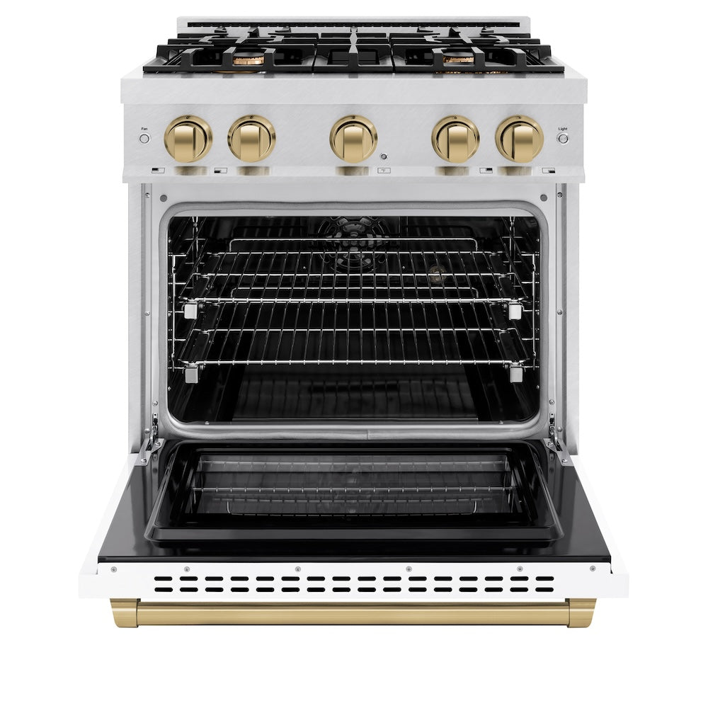 ZLINE Autograph Edition 30 in. 4.2 cu. ft. Select Dual Fuel Range with 4 Burner Gas Cooktop and Electric Convection Oven in Satin Stainless Steel with White Matte Door and Champagne Bronze Accents (HDRSZ-WM-30-CB) front, oven open.