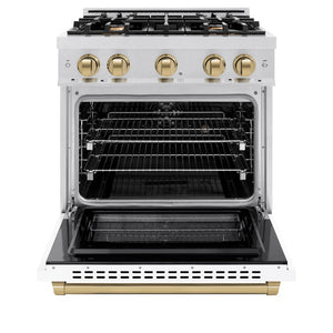 ZLINE Autograph Edition 30 in. 4.2 cu. ft. Select Dual Fuel Range with 4 Burner Gas Cooktop and Electric Convection Oven in Satin Stainless Steel with White Matte Door and Champagne Bronze Accents (HDRSZ-WM-30-CB) front, oven open.